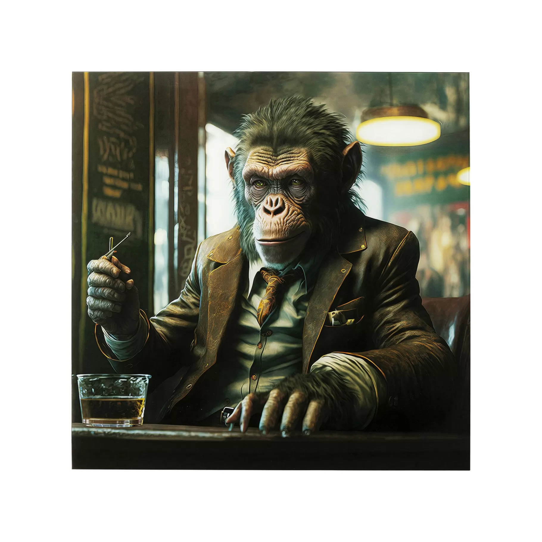 Hot Tableau En Verre Singe Au Bar 100x100cm Tableau